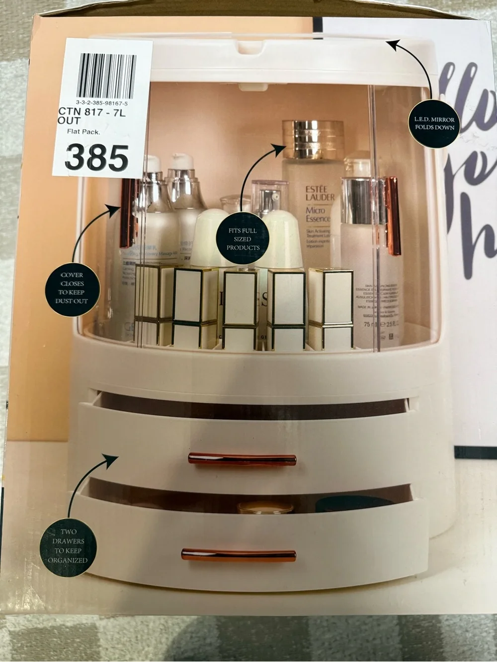 NIB SO CHIC White & Rose Gold Beauty Organizer with LED Mirror